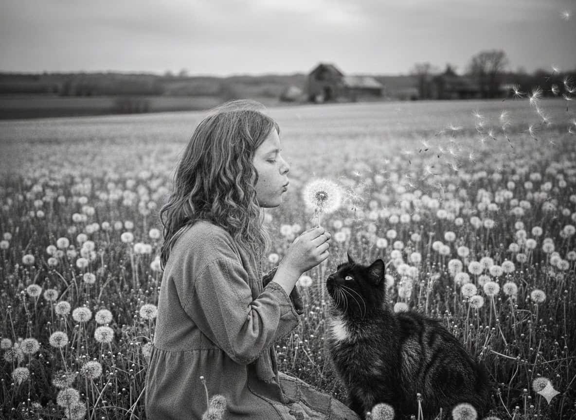 A black and white photograph illustration of a young girl in a field of dandelions making a wish, with a black cat sitting beside her.
