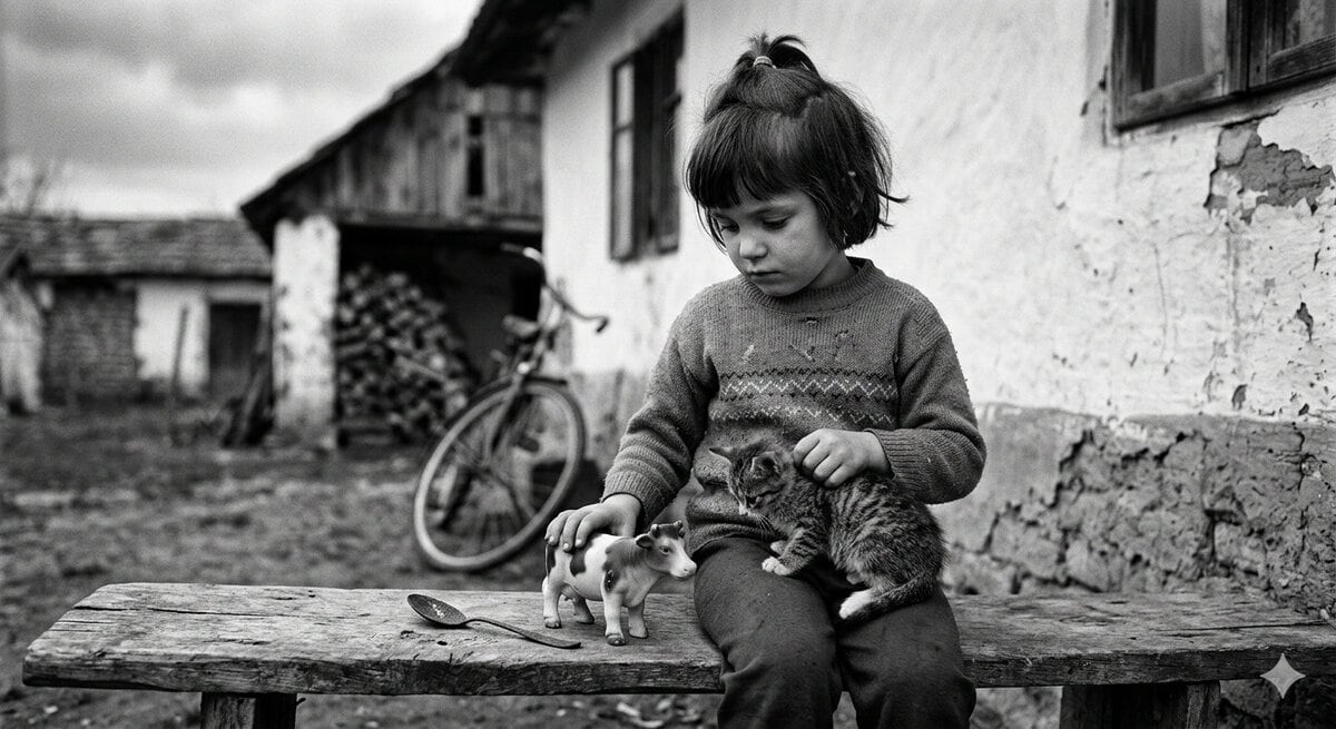 Child with kittens on rustic outdoor bench, capturing innocence and rural life.