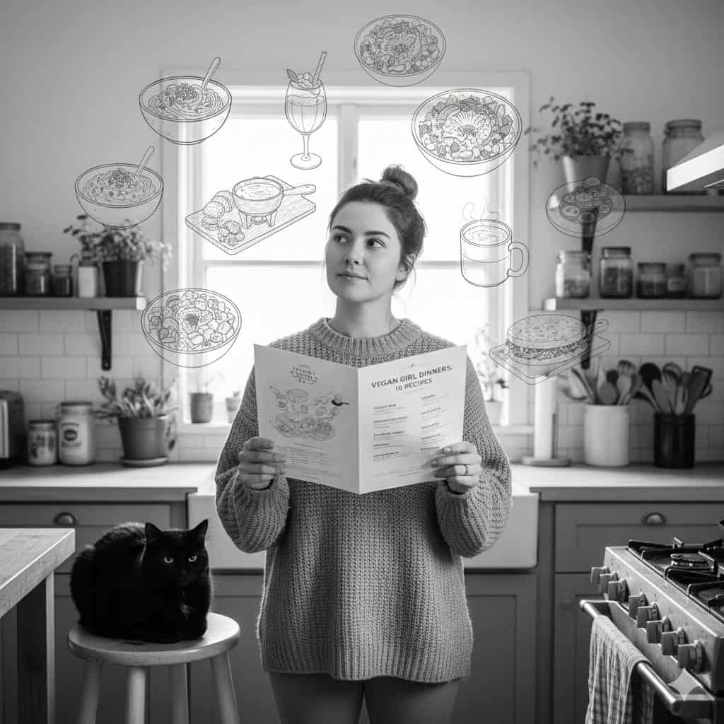 A black and white photograph of a woman in a cozy kitchen holding a "Vegan Girl Dinner" recipe guide. A black cat sits on a stool beside her, and hand-drawn sketches of various vegan meals like pasta, shakes, and bowls float around her as she thinks.