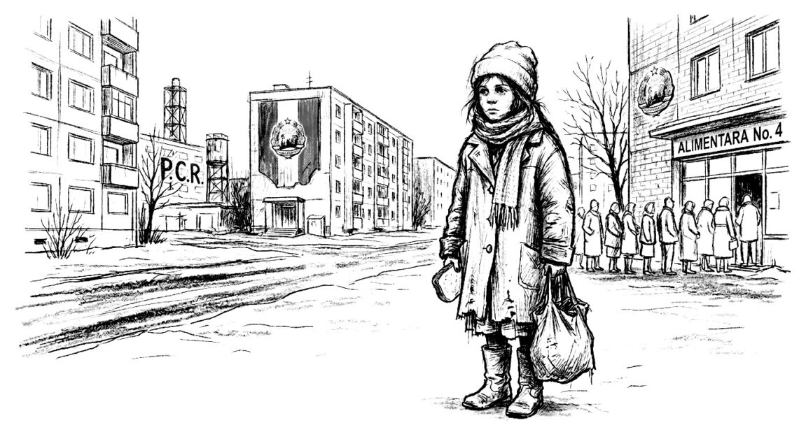 Girl standing in line outside a food bank in winter, holding a bag.