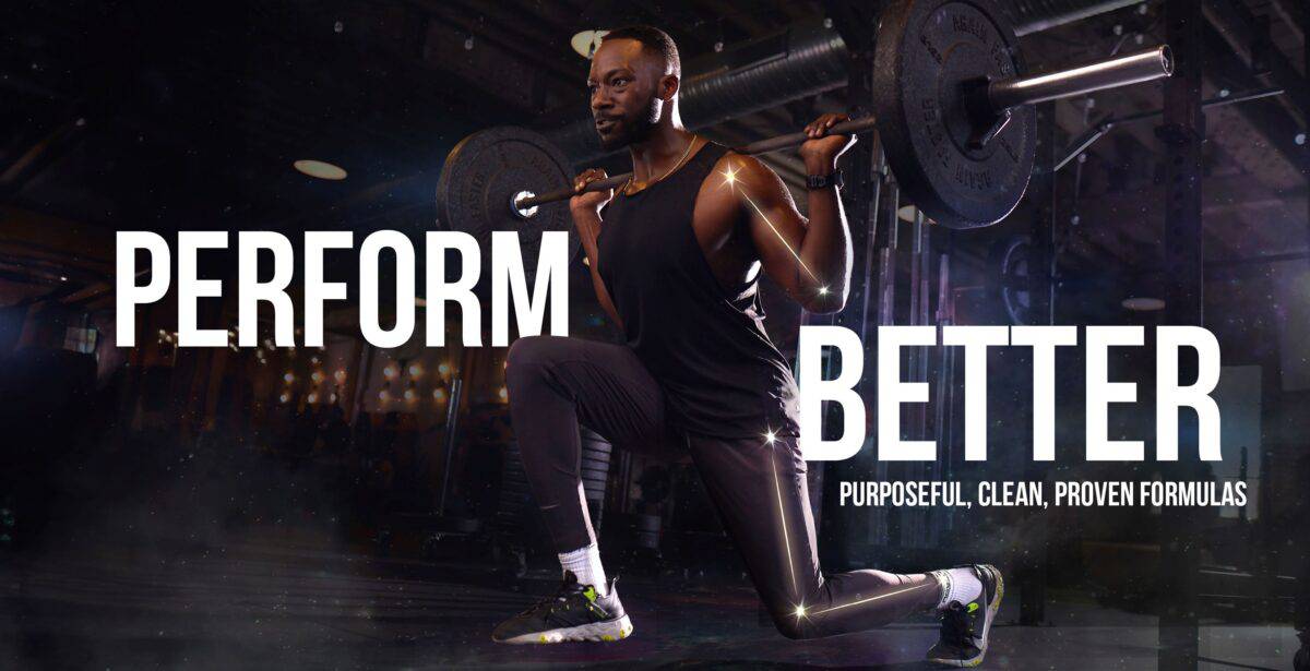 An athlete performing weighted lunges in a gym with the text 'Perform Better: Purposeful, Clean, Proven Formulas' for Vega performance powder.