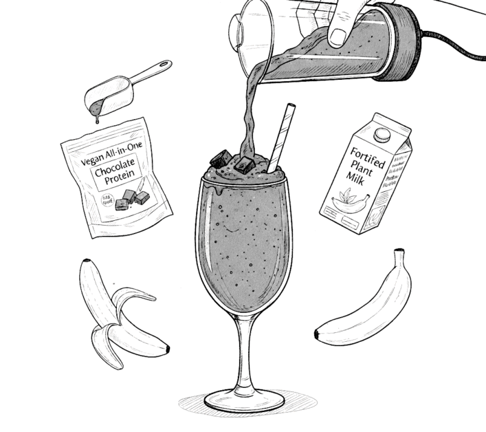 A black and white sketch showing a chocolate protein shake being poured into a wine glass with a straw, surrounded by a bag of vegan protein powder, a carton of fortified plant milk, a banana, and a measuring scoop.