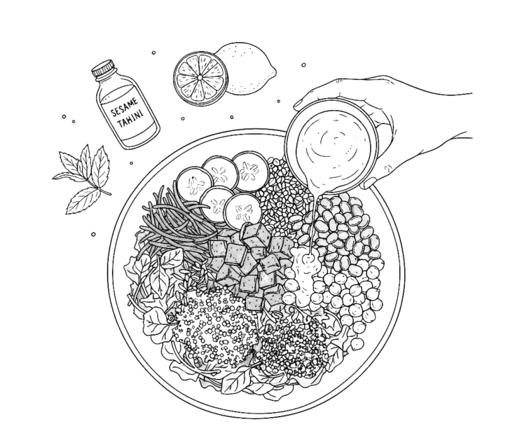 A black and white line art illustration of a diverse salad bowl being drizzled with tahini sauce from a small glass held by a hand. The bowl is filled with quinoa, chickpeas, edamame, shredded carrots, and cucumbers, with a bottle of sesame tahini and fresh lemons nearby.