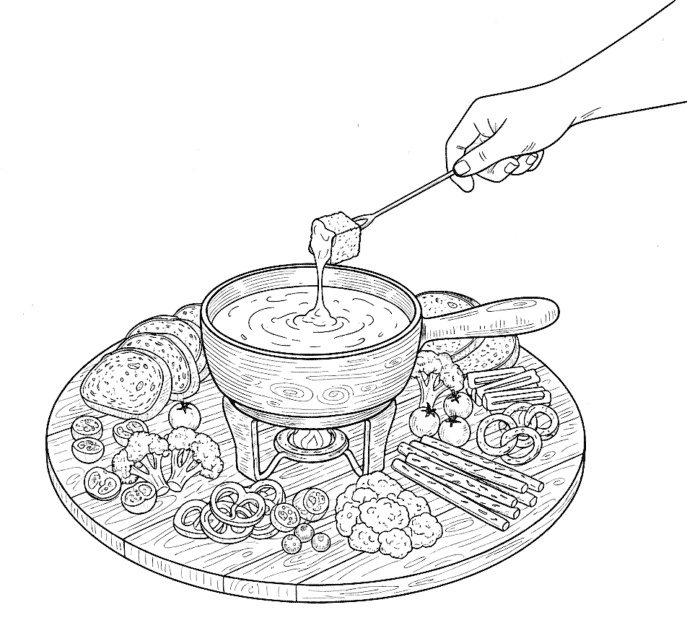 A black and white line art illustration of a large wooden dipping board with a central fondue pot over a flame. A hand uses a fondue fork to dip a bread cube into the sauce, surrounded by an array of dippers including broccoli, cauliflower, pretzels, and sliced bread.