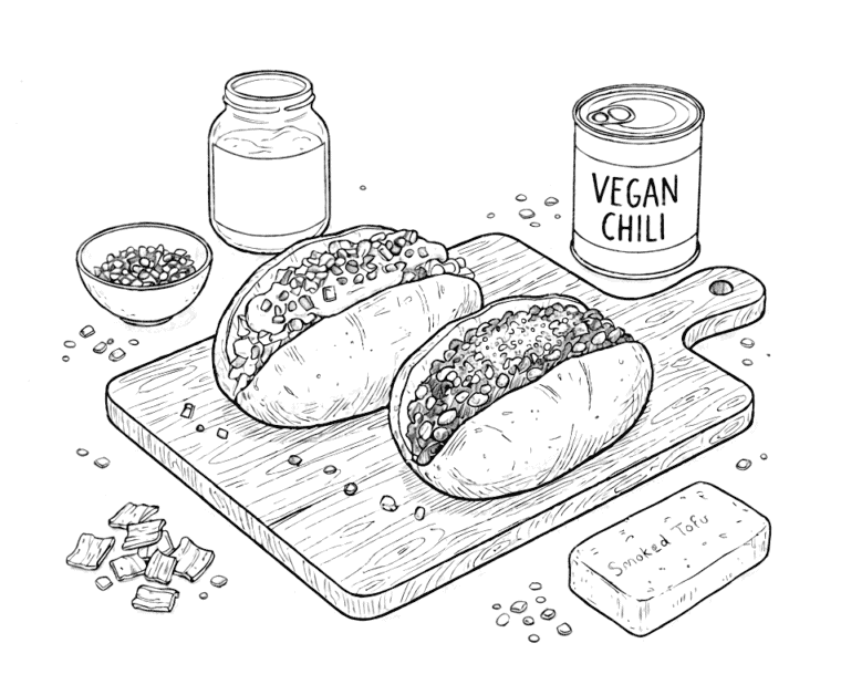 A black and white line art illustration of two halved baked potatoes on a wooden board, loaded with chili and toppings. The scene includes a can of vegan chili, a block of smoked tofu, a bowl of toppings, and a jar of sauce.
