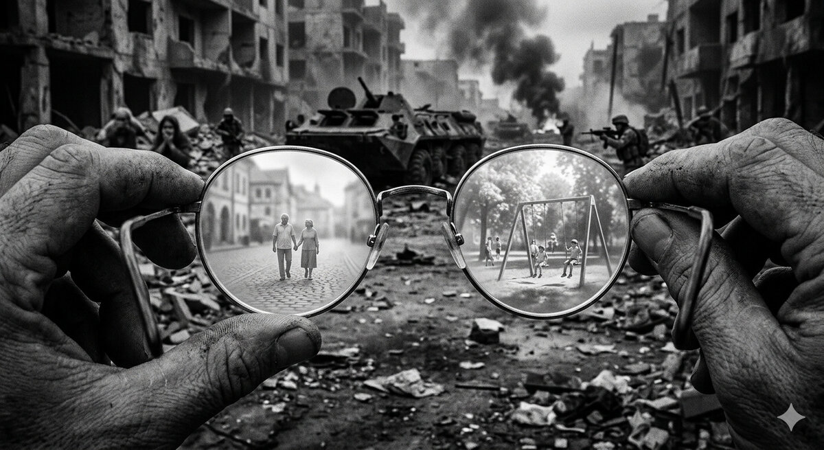 A first-person perspective of weathered, dirty hands holding up a pair of round glasses against a blurred, black-and-white background of a war-torn city. Inside the left lens, a clear image shows an elderly couple walking down a peaceful street; inside the right lens, children are seen playing on a swing set. The background remains a scene of destruction with ruined buildings, smoke, and a military tank.