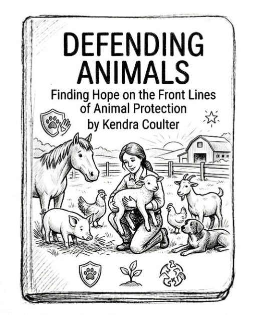 Cover of "Defending Animals" showing a girl with animals on a farm.