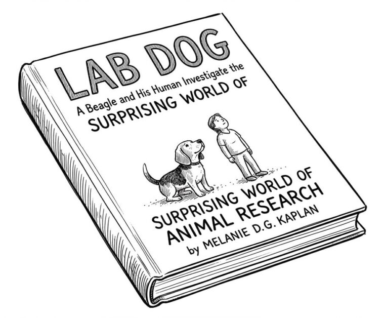 Illustration of a book titled "Lab Dog" about animal research.