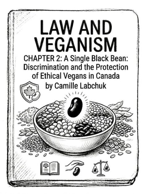 Law and Veganism book cover with black and white illustration of a bowl of beans and a black bean on.