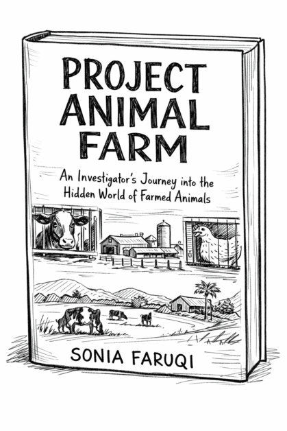 Black and white sketch of a book titled "Project Animal Farm" with farm animals and a barn.