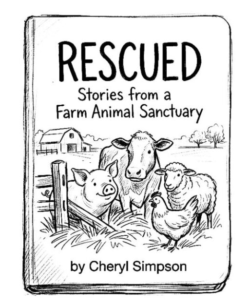 Cover of "Rescued" book featuring farm animals at a sanctuary.
