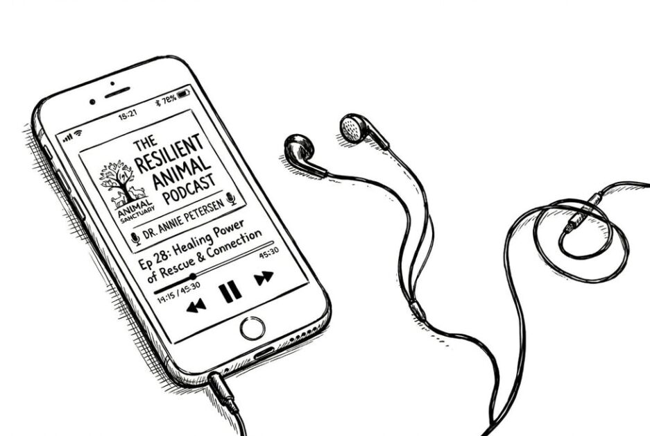Resilient Animal Podcast app on smartphone with earphones, focusing on animal rescue and activism.