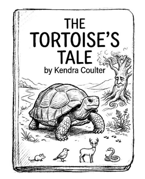 Black and white illustration of "The Tortoise’s Tale" book cover with a tortoise and tree.