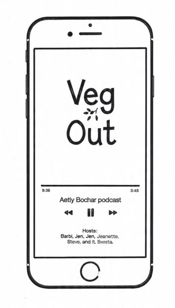 Mobile phone screen displaying "Veg Out" podcast about vegan activism and lifestyle.